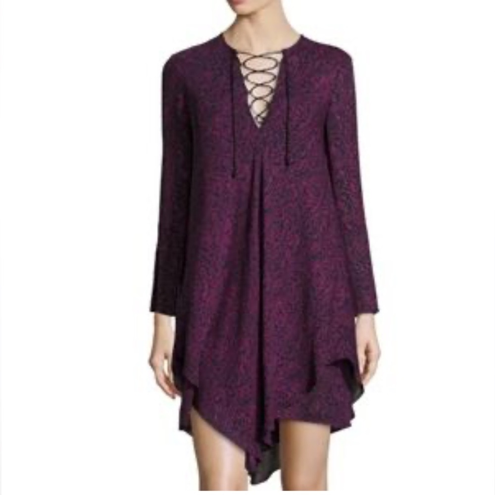 Derek Lam 10 Crosby Silk Shift Dress W/ Lace Up Collar, Purple/Blk, Size 0, Euc
